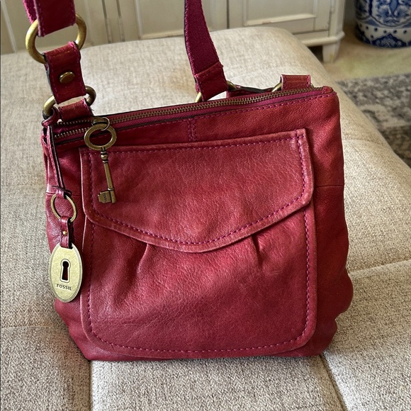 FOSSIL RYDER RED SATCHEL NEW AMERICA CLASSIC 1954 PEBBLED LEATHER CROSSBODY BAG - Picture 3 of 14
